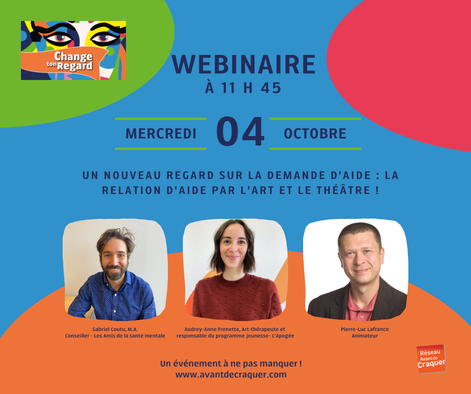 4 oct. 2023 Webinaire gratuit | La relation d&rsquo;aide par l&rsquo;art et le théâtre !